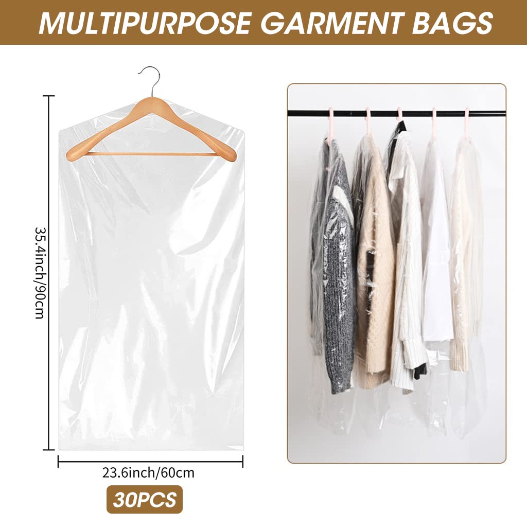 HASTHIP 30pcs Plastic Hanging Garment Bag, Transparent Clothing Dustproof Cover for Clothes Universal Size Clothes Cover 23.6 x 35.4 in