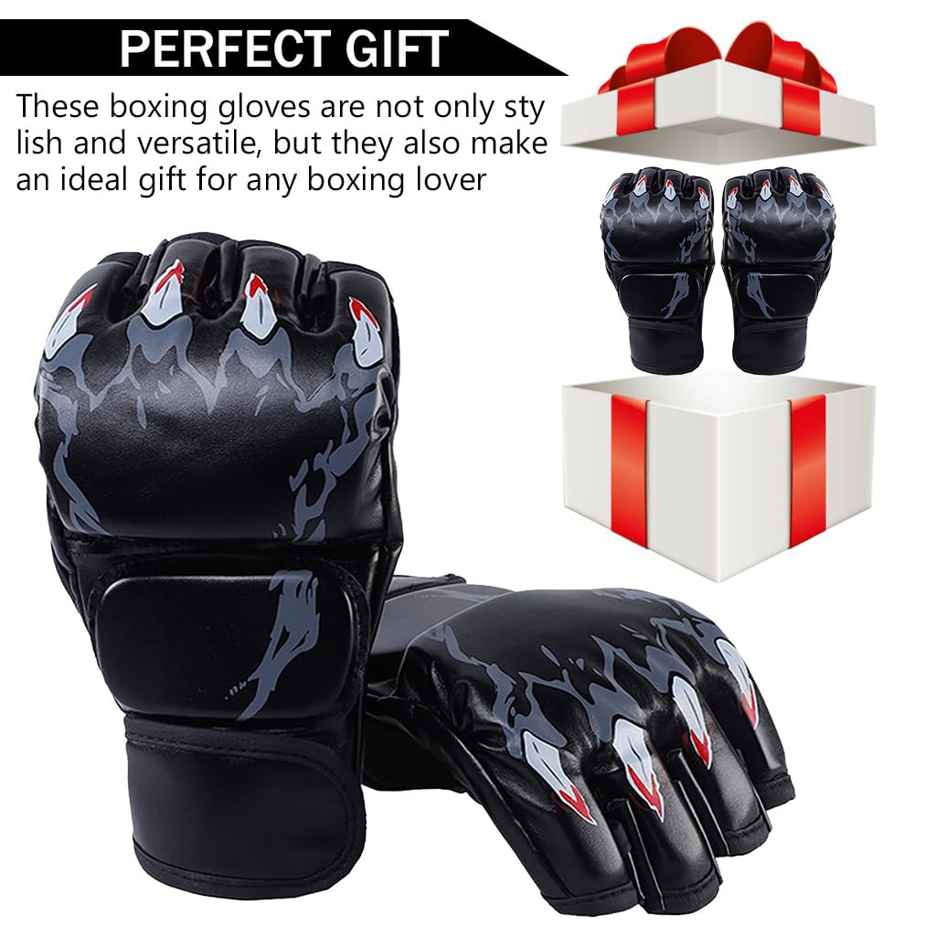 Proberos® Boxing Gloves Black Print MMA Gloves with Adjustable Wristband, Breathable Fingerless MMA Gloves for Boxing, Muay Thai and Sparring Sessions, Punching Gloves