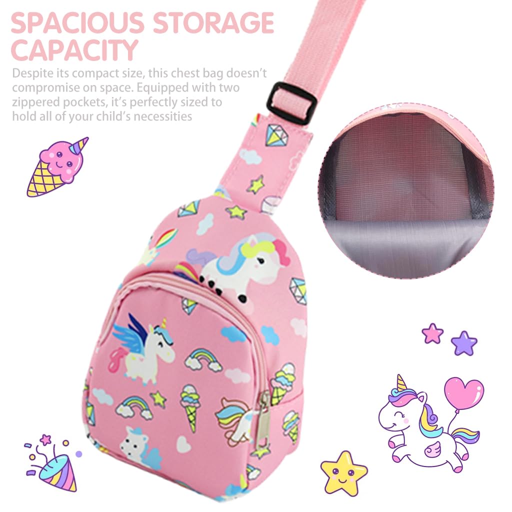 PALAY® Kids Chest Bag Pink Unicorn Chest Bag for Kids Outdoor Travel Bag Cartoon Print Nylon Crossbody Bag for Kids Snack Bag Shoulder Bag for Girls