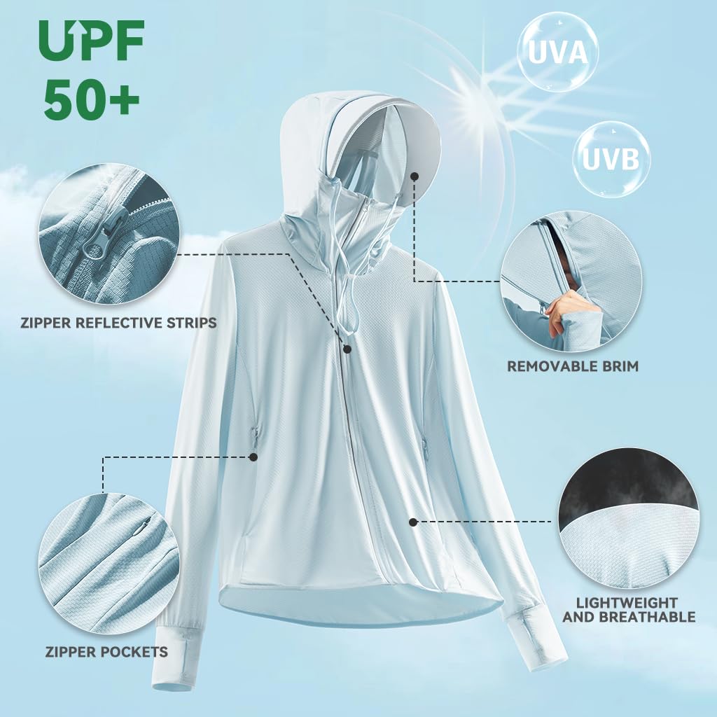 Venzina Women’s UPF 50+ Sun Protection Jacket for Hiking with Detachable Brim Hood | Lightweight Blue UV Hoodie Featuring Thumbholes and Zip Pockets