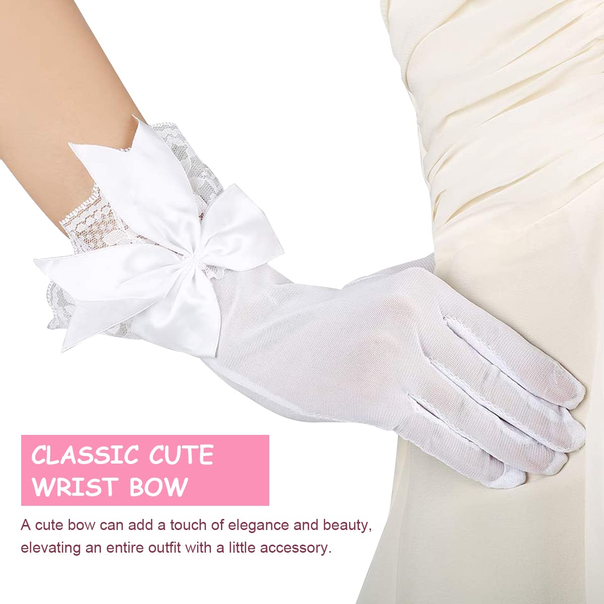 PALAY Lace Gloves for Women Girls, Butterfly Bow White Gloves for Wedding, Elegant Bridal Gloves Short Mittens for Party Formal Banquet Photography(1 Pair)