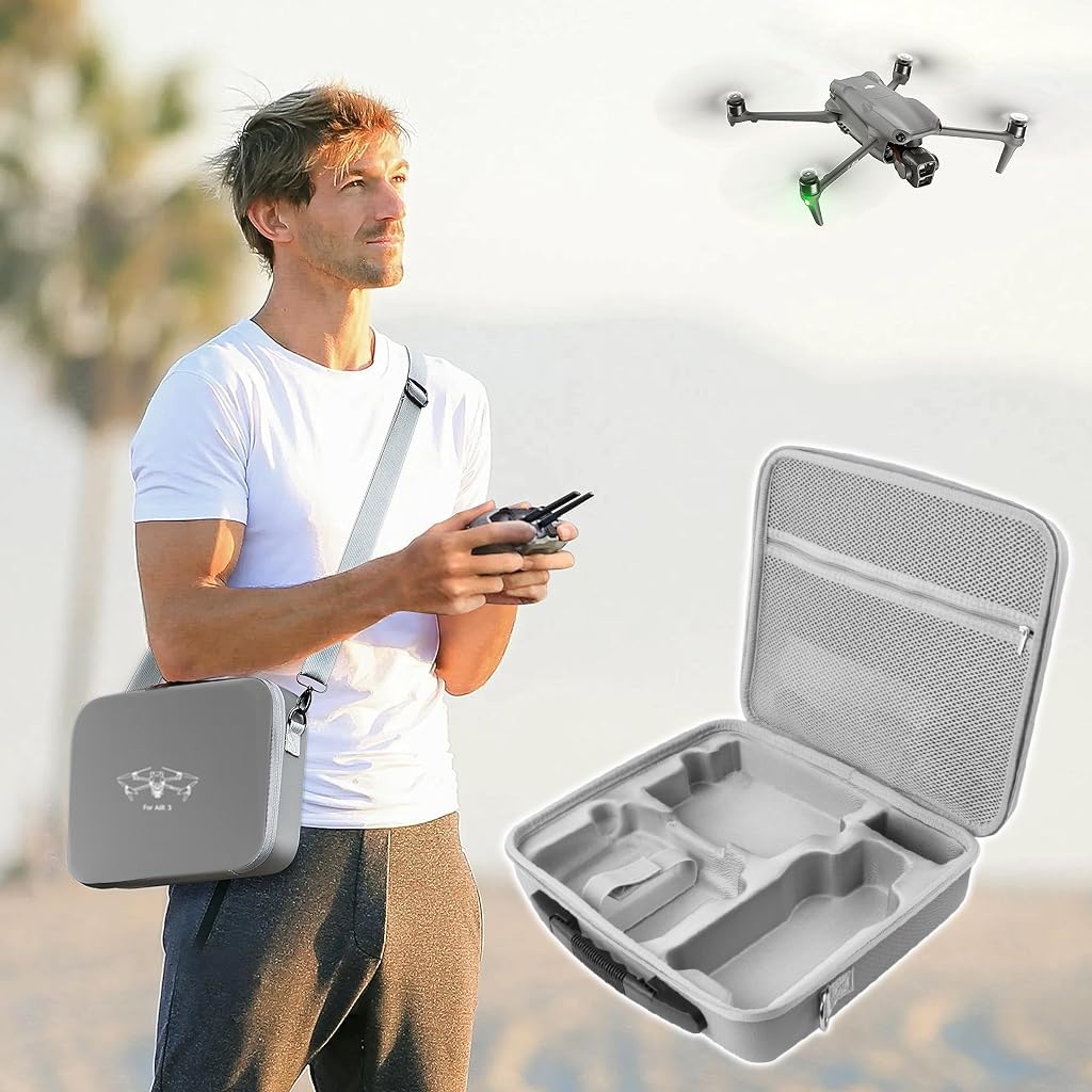 ZORBES Air 3 Carry Bag for DJI Drone with Custom Fit Compartments and Shoulder Strap | Grey PU Hard Case