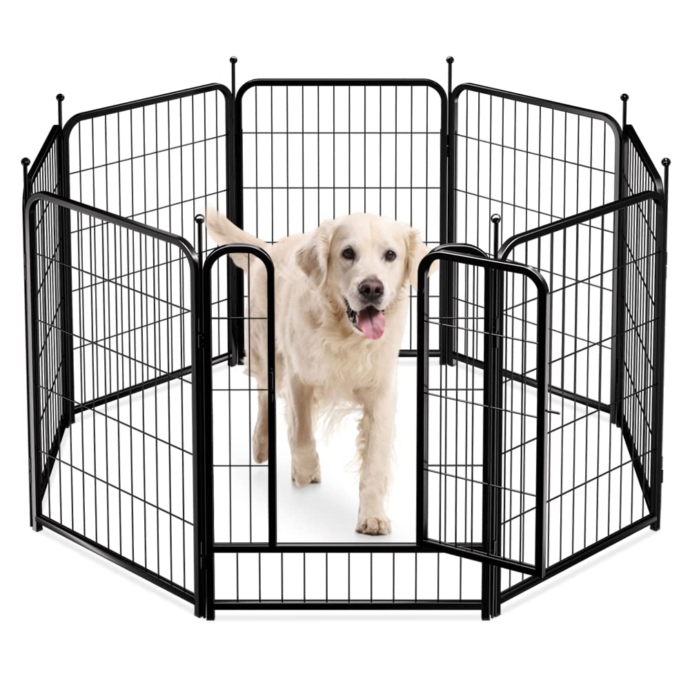 Qpets® Metal Dog Playpen Free Assembly Indoor Pet Fence with Door Playpen for Dog Cat Playpen Indoor DIY Fence Foldable Pet Playpen for Dog, Cat, Includes 7 Wire Panels, 1 Door, 9 Connecting Rods