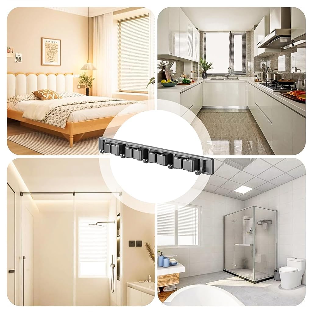 HASTHIP Mop and Broom Holder for Bathroom and Garage with 6 Hooks and Push-in Rail | No-Drill Aluminum Organizer