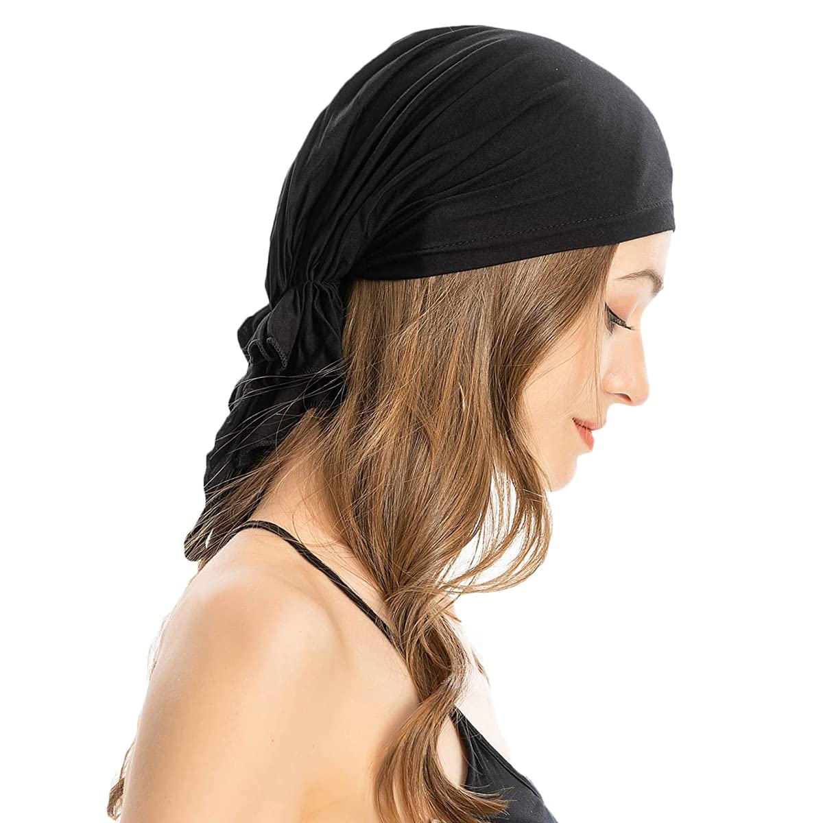 PALAY® Head Scarf for Women Cotton Elastic Chemo Caps Headwear Turban, Pre-tied Slip On Cancer Cap Headwrap Headscarf for Hair Loss or Thin Hair - Black