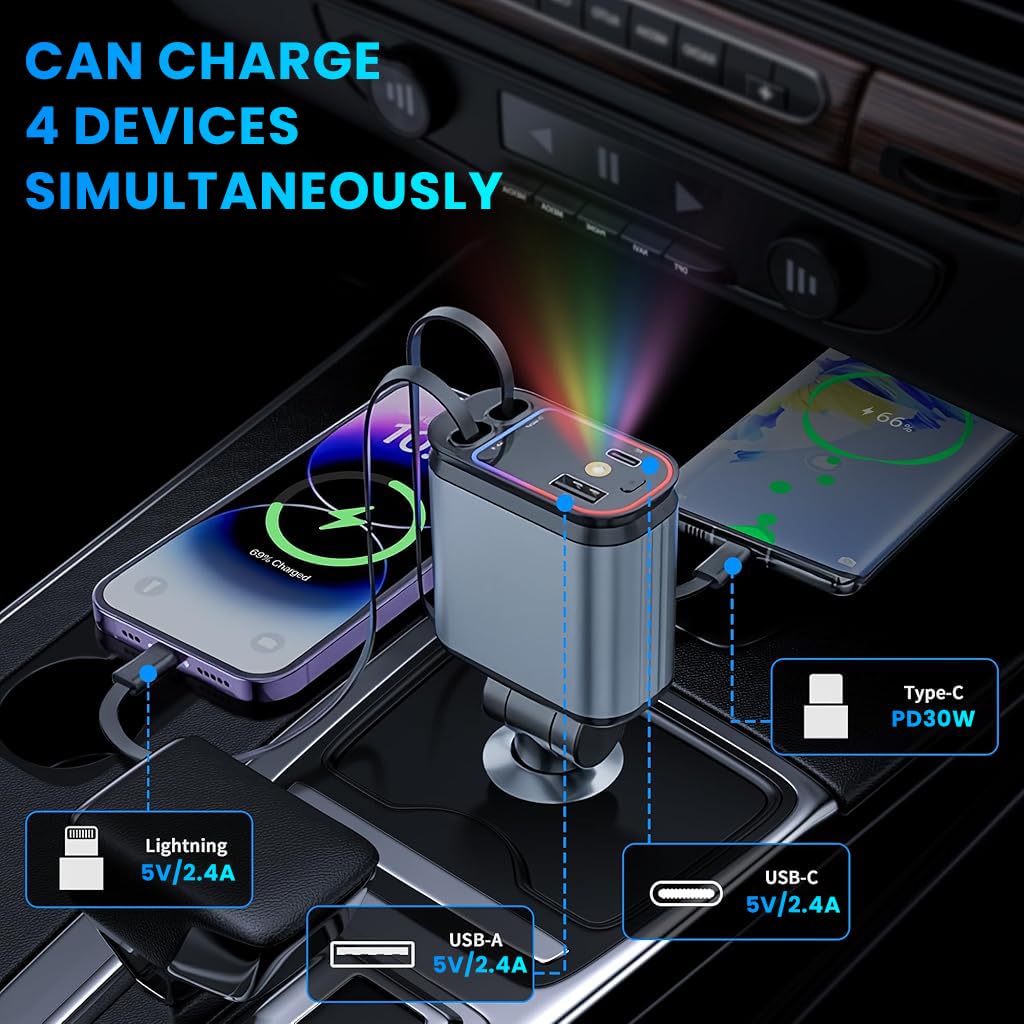 STHIRA Car Charger 120W for 12V and 24V Vehicles with 2 Retractable 80cm Cables & Dual USB Ports | 180° Flexible Joint and Mini RGB Light