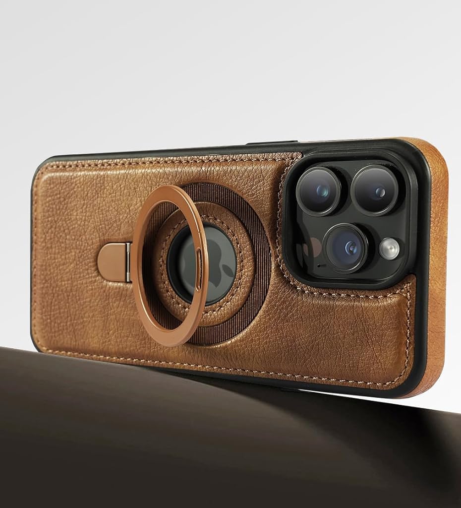 Zeitel Phone Case for iPhone 15 Pro Max 6.7 inch with Metal Kickstand and MagSafe | Brown PU Leather Anti Scratch Protection