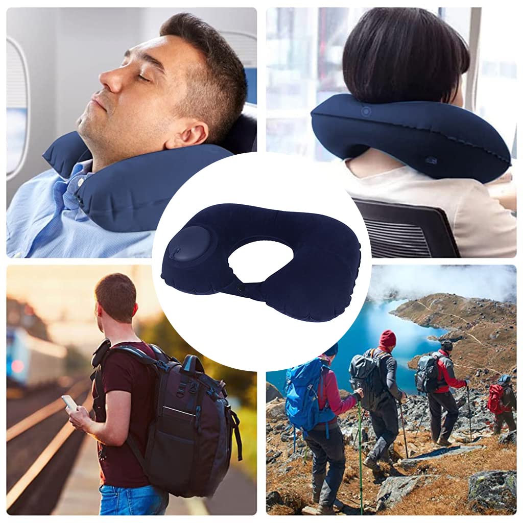 Palay Inflatable Travel Pillow for Airplane and Office with Built In Hand Pump | Soft Blue Flocking