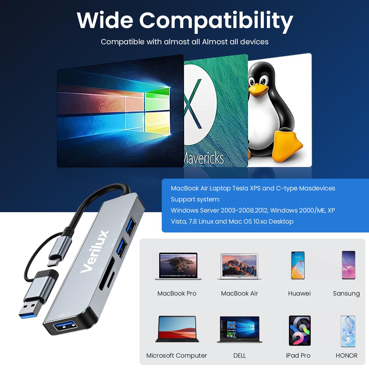 Verilux USB HUB 5 in 1 Type C to USB Connector with 3 USB Ports, SD/Micro SD Card Reader USB Type C Hub for Laptop, MacBook Air/Pro M1/M2, iPad Pro, Chromebook, Pixelbook, Dell, PC, Samsung Galaxy