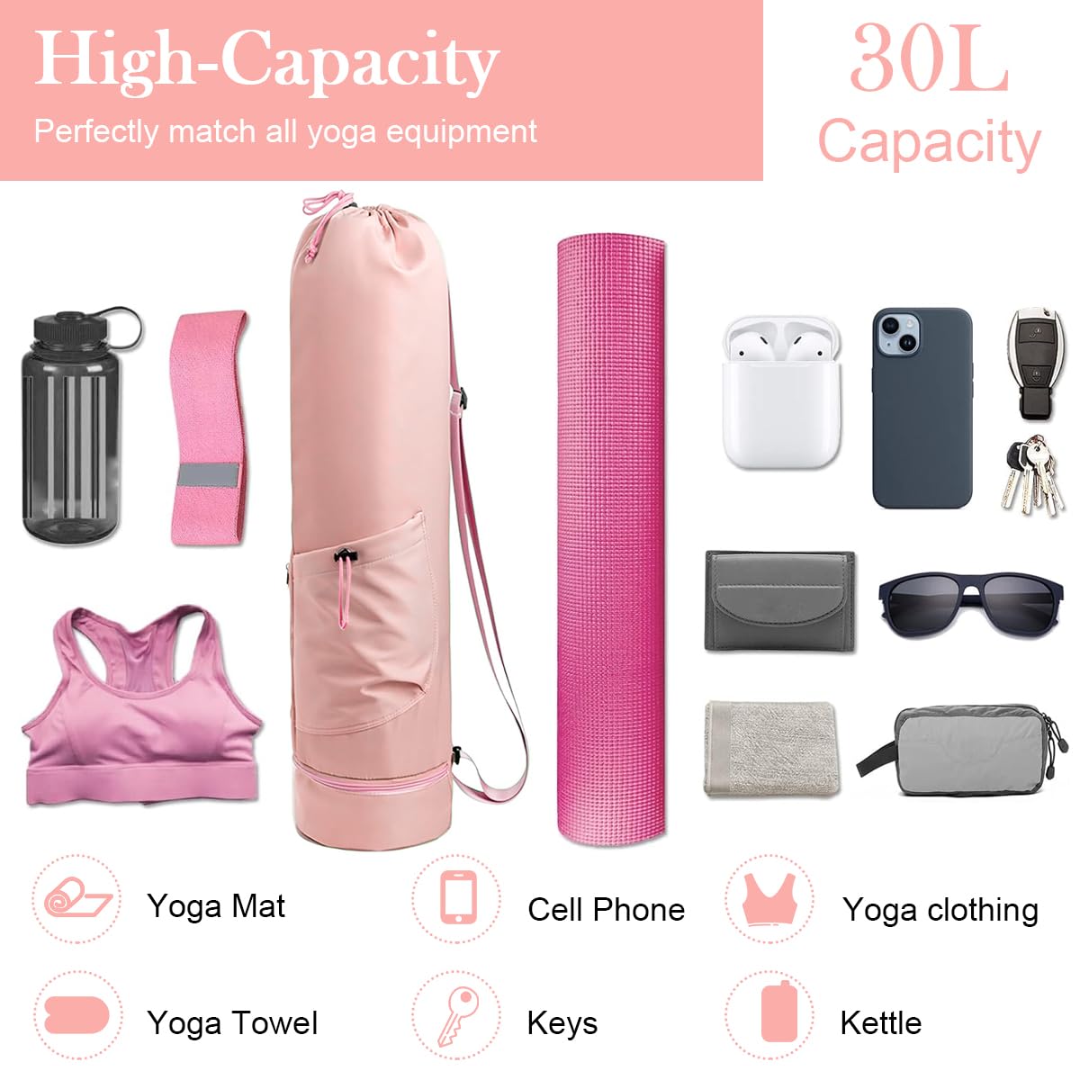 Proberos Yoga Mat Bag for Fitness and Travel with Drawstring Closure and 7.5x31 in Size | Waterproof Polyester with Bottom Storage Compartment