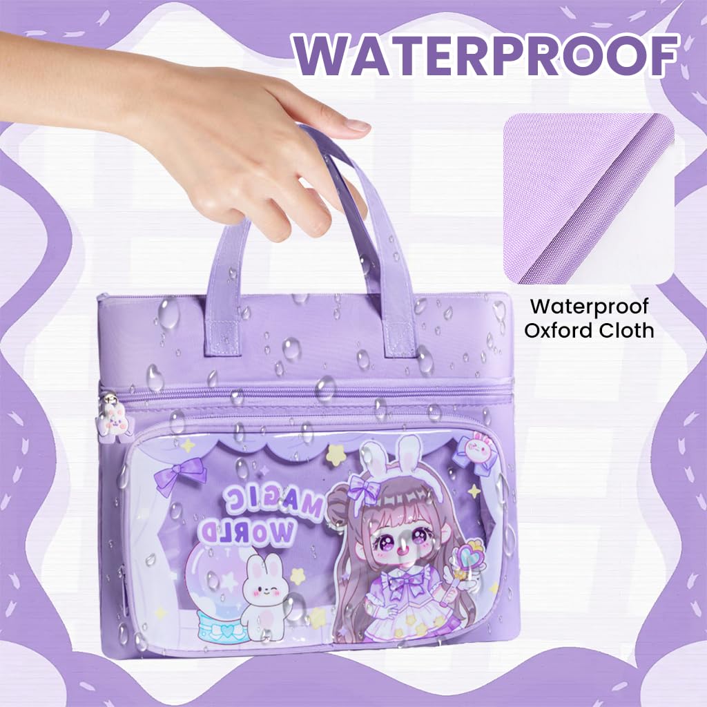 Zibuyu Tote Satchel Bag for School or Work with 13.8 x 10.6 in 3 Layer Capacity | Clear Pocket & Cute Cartoon Zippers