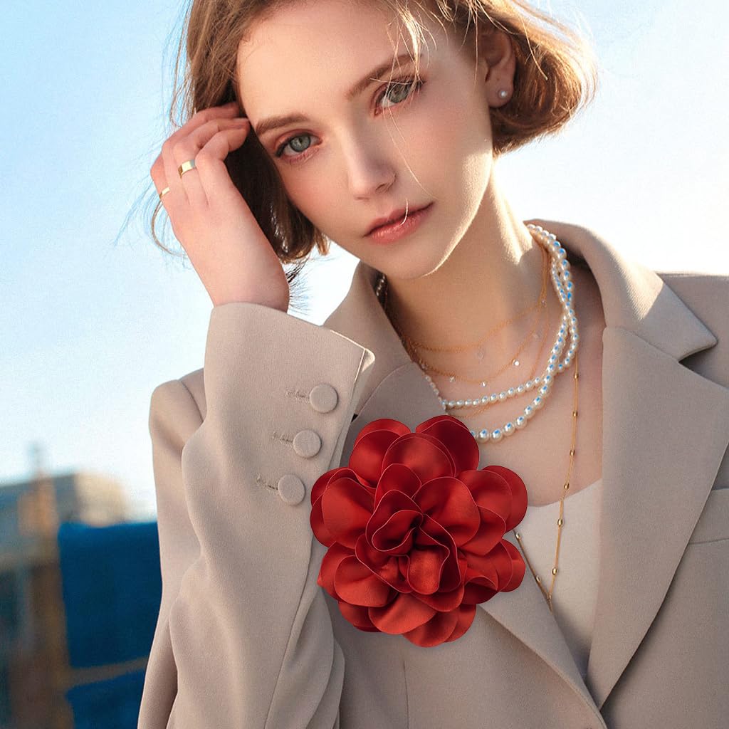 SANNIDHI Brooch Pin for Women featuring Large Red Satin Flower | Saree Dress Accessory