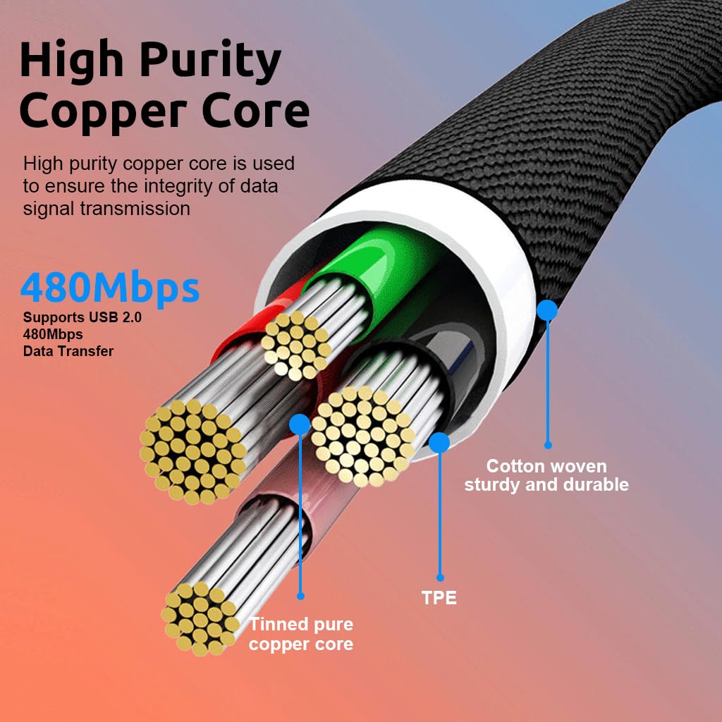 Verilux Type C Cable for Fast Charging and Data Transfer featuring 16ft Length | Right Angle Nylon Design