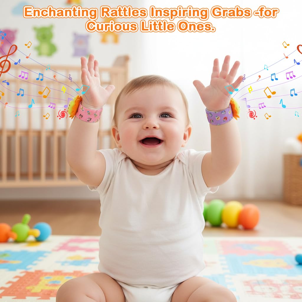 SNOWIE SOFT Baby Rattle Socks and Wristband Set with Plush Cartoon Toys for Sensory Play