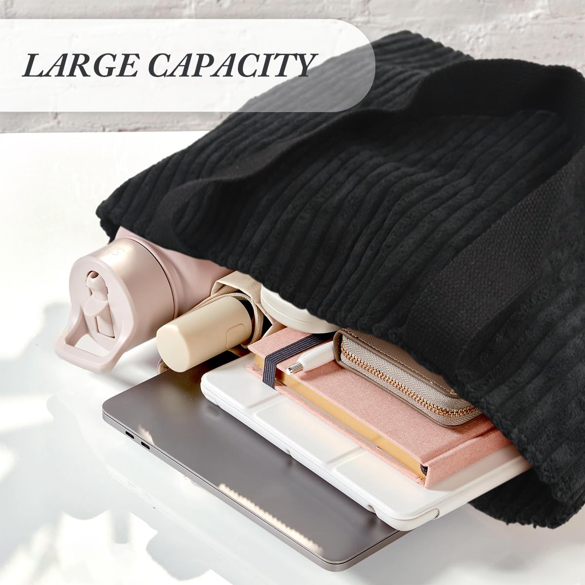 ZIBUYU® Corduroy Tote Bag for Women Fashion Black Casual Shoulder Bag Hand Bag with Zipper Nylon Webbing Shoulder Straps Design Book Bag Grocery Bag Versatile Daily Item Bag, 37x10x34cm