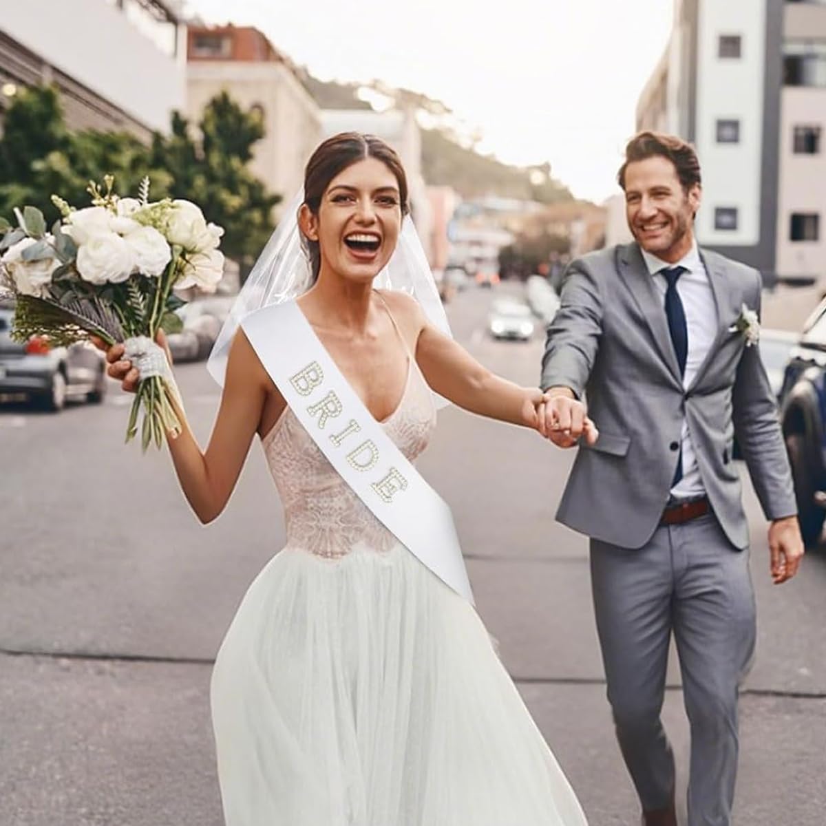 SANNIDHI Wedding Veil for Bride with Lace Veil and Rhinestone BRIDE Sash | Bridal Party Accessory