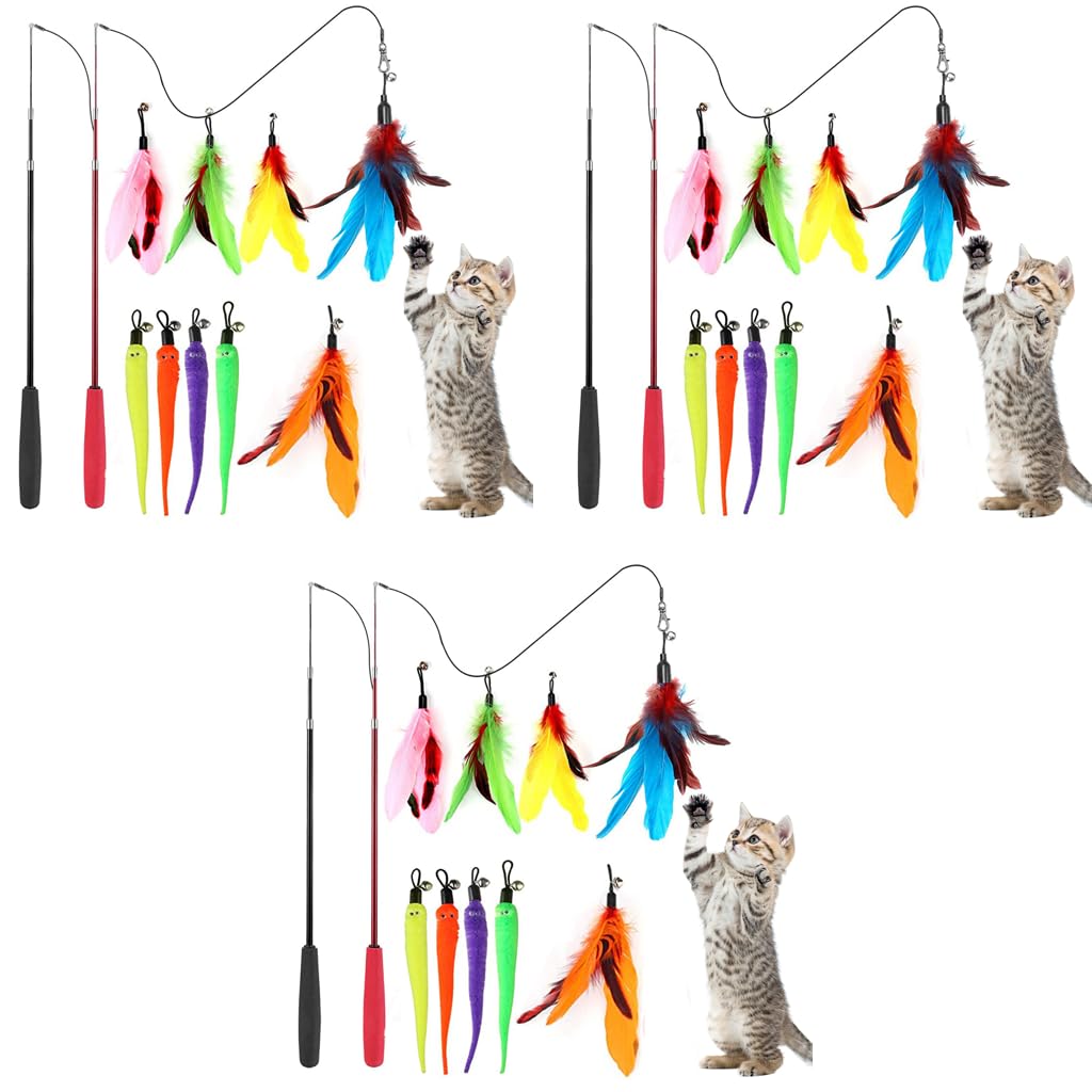 Qpets Cat Teaser Toy Set with 2 Retractable Wands and 33PCS Feathers & Worms | Comfortable Grip
