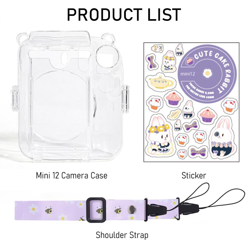 ZORBES® Protective Camera Case for Fujifilm Instax Mini 12 Clear Case with Photo Slot Design, Travel Camera Case for Fujifilm Instax Mini 12 with Adjustable Shoulder Strap, Cartoon Sticker