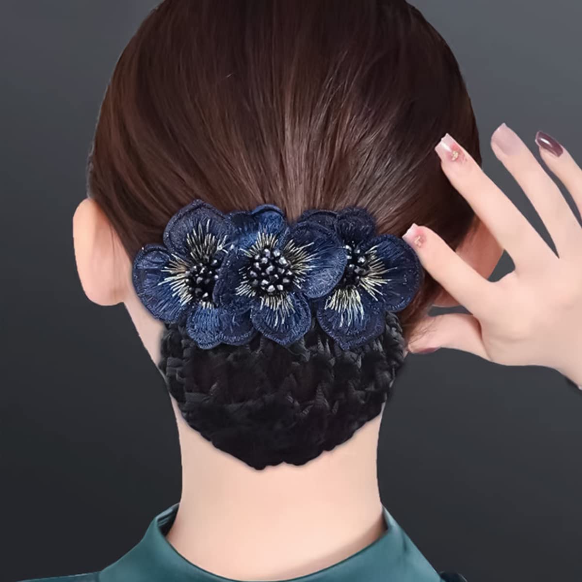 MAYCREATE Hair Snood Net for Work and Dance featuring Alloy Clip & Embroidery Flower Design