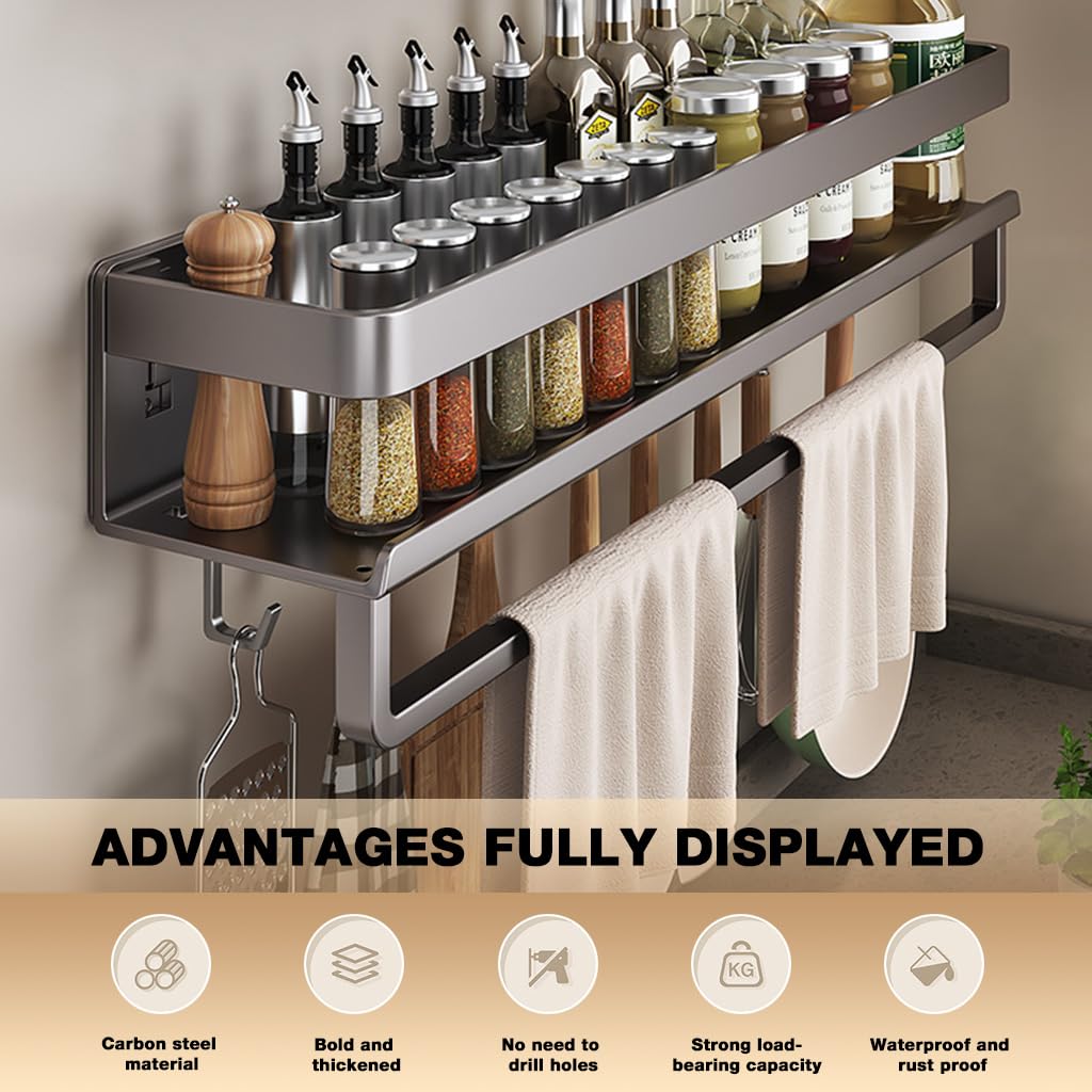 Supvox Wall Mount Spice Rack Organizer 23.6 in for Kitchen Use with No Drill Adhesive | Carbon Steel Rack with Hooks and Dish Towel Holder