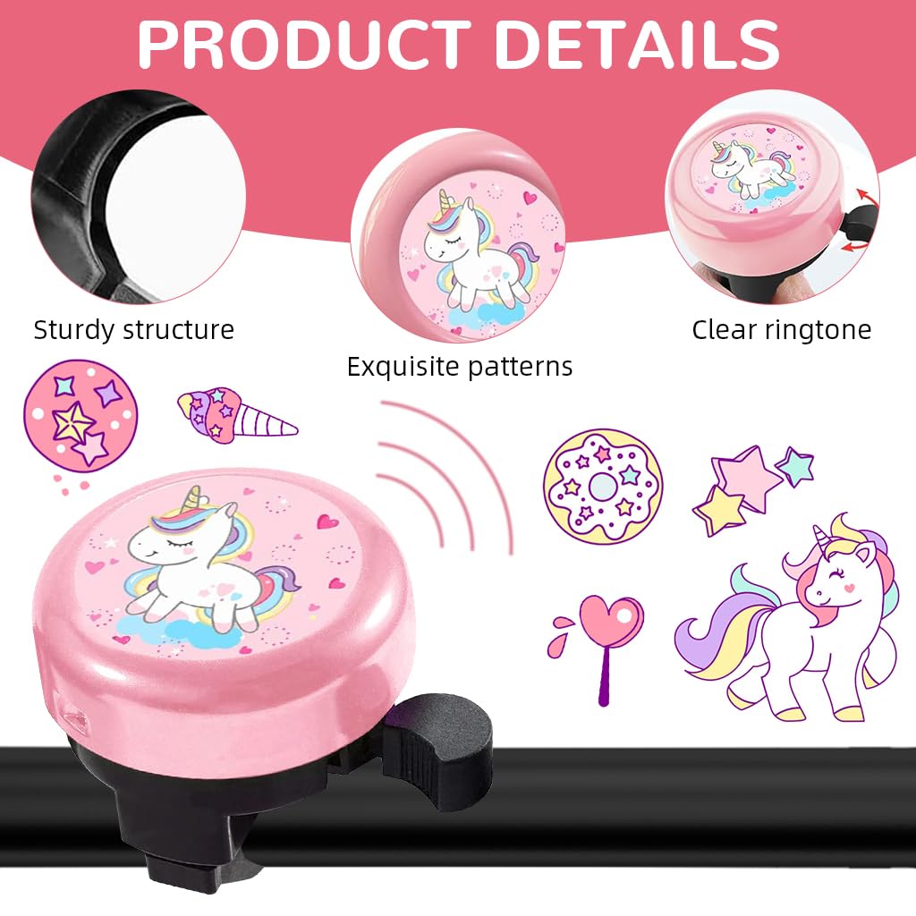 Proberos Kids Bicycle Bell for 22mm Tube with Pink Unicorn Steel Design | 3PCS Set