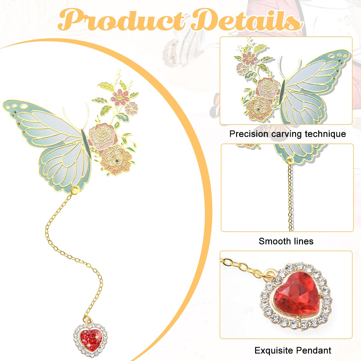 Climberty Metal Butterfly Bookmark with 4 in Chain and Red Heart Pendant | Gift for Women