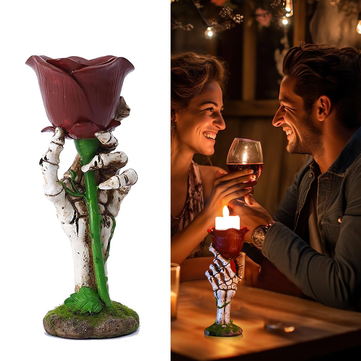 HASTHIP Halloween Candle Holder for Home Decor featuring Skeleton Hand and Rose 7.3x7.2x18.5cm | Gothic Romantic Resin Candle Stand