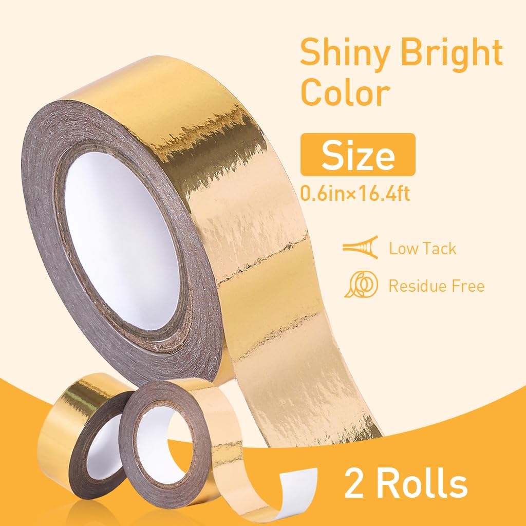 HASTHIP® 2 Rolls Crafting Tape Golden Foil Washi Tape Scrapbooking Tape Decorative Masking Tape Metallic Golden Washi Masking Tape Self Adhesive Washi Tape for DIY Crafts, 15mm x 5m