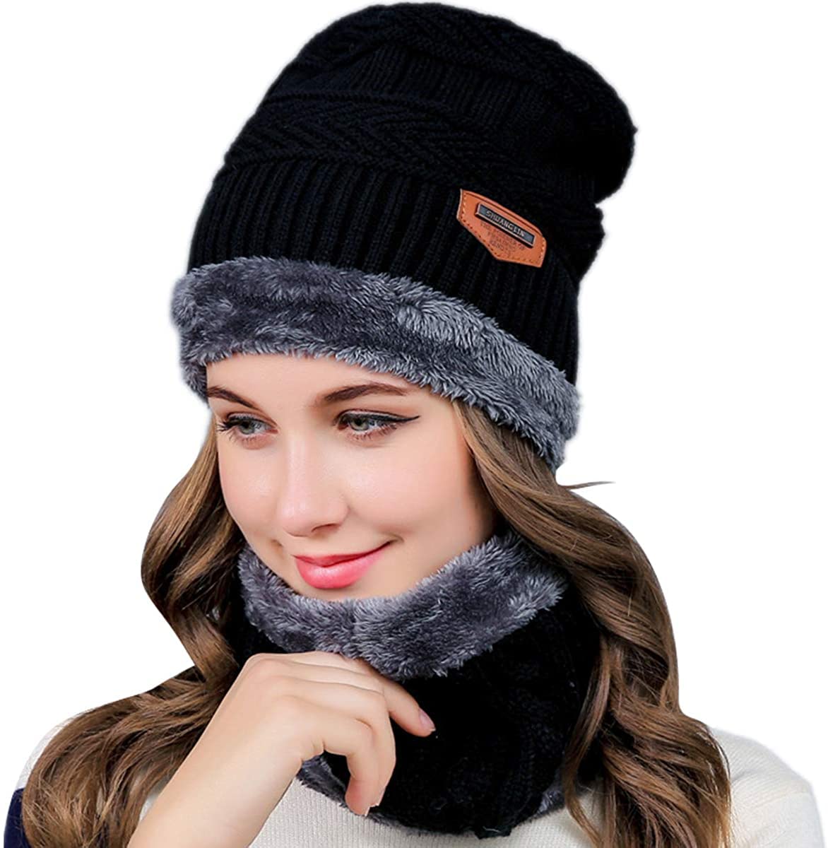 PALAY Knitted Hat and Scarf Set for Winter with Plush Edging and Fleece Lining | Navy Blue