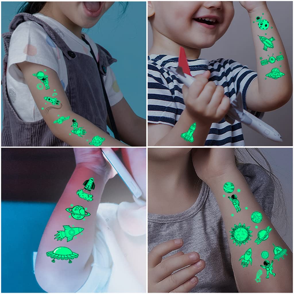 MAYCREATE® 10 Sheet Kids Tattoo Sticker Night Glowing Tattoo Sticker, Cartoon Space Theme Sticker Waterproof Temporary Tattoos for Birthday Parties, Group Activities, Cartoon Tattoo Sticker