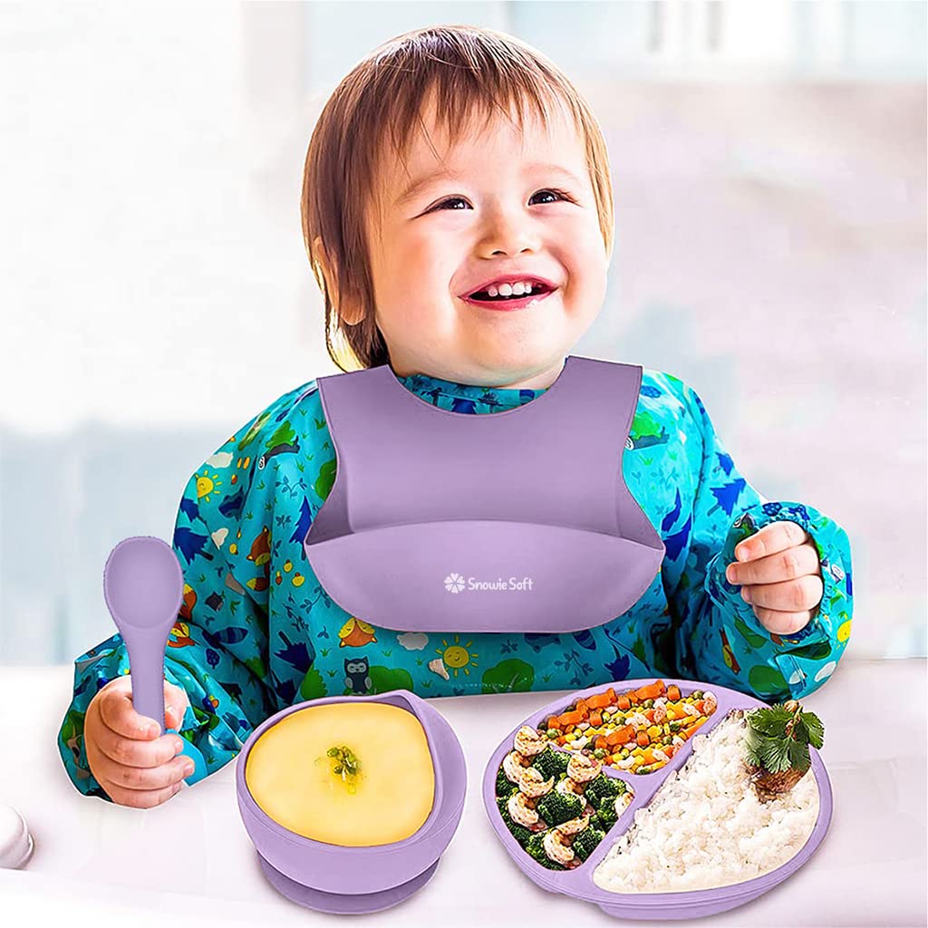 SNOWIE SOFT Baby Silicone Tableware Set for Feeding with Suction Bowl and Cat Claw Plate | BPA-Free Pink 5Pcs Kit