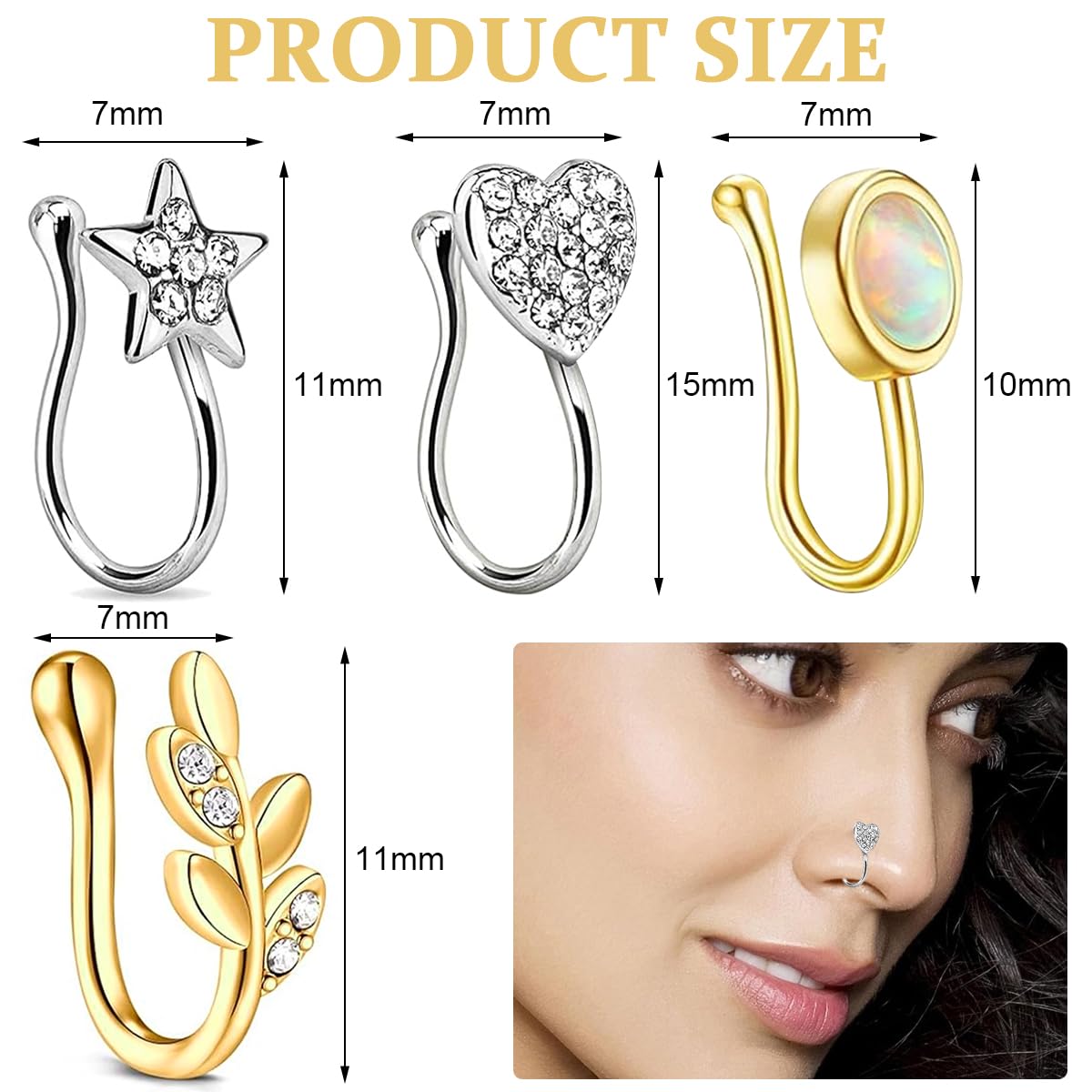 Venzina Nose Ring without Piercing for Women featuring Magnetic Clip On Design 4Pcs Gold and Silver