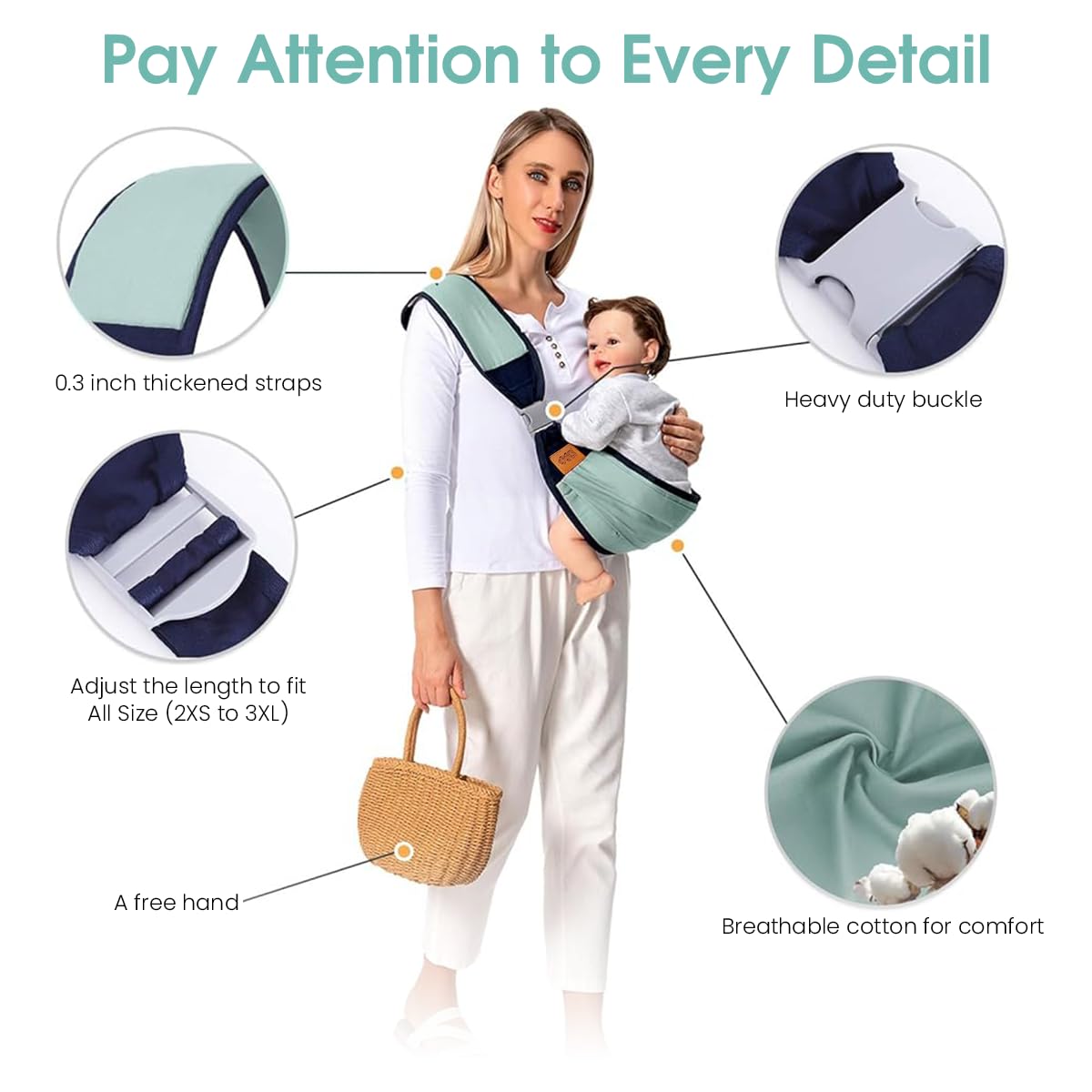 SNOWIE SOFT Baby Carrier Bag for 0 to 3 Year Use with Adjustable Straps 45lb Capacity | Breathable Cotton Green Sling