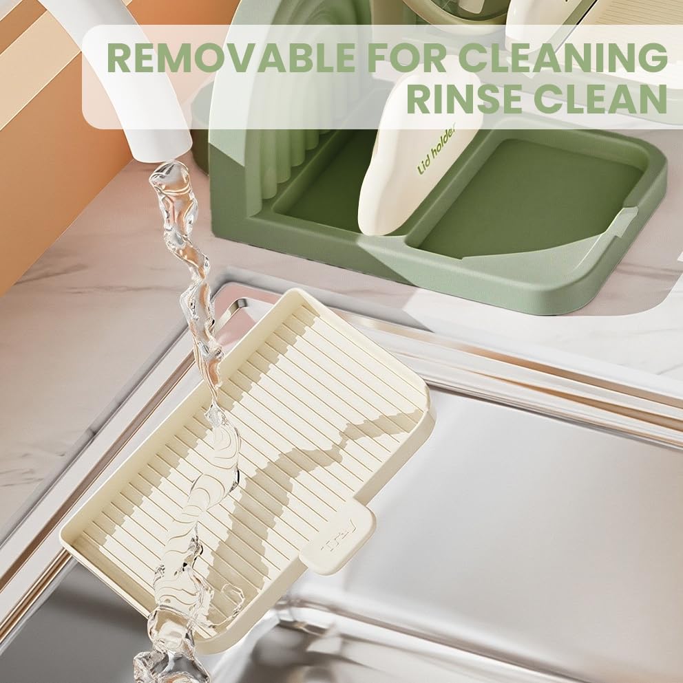 HASTHIP Spoon Rest Pot Lid Holder for Kitchen with Detachable Grooved Drain Tray 21x13.5x11cm