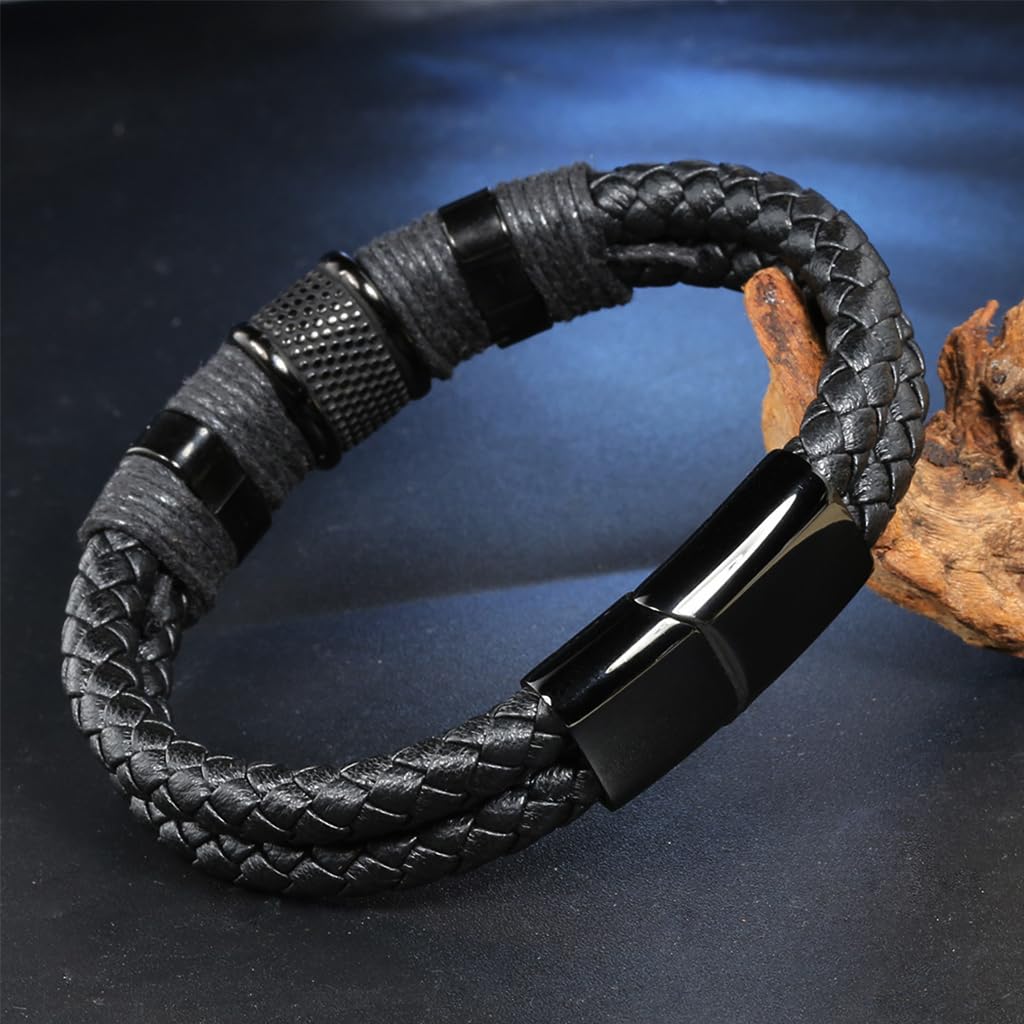 Zibuyu Bracelet for Men with Double Layer Leather and Sleek Metal Details | Gift for Husband