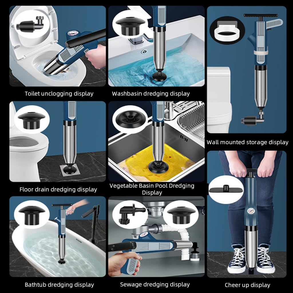 HASTHIP Toilet Plunger Drain Clog Remover Kit for Bathroom Cleaning with Hand Pump and Interchangeable Heads | Stainless Steel Unclogging Tool