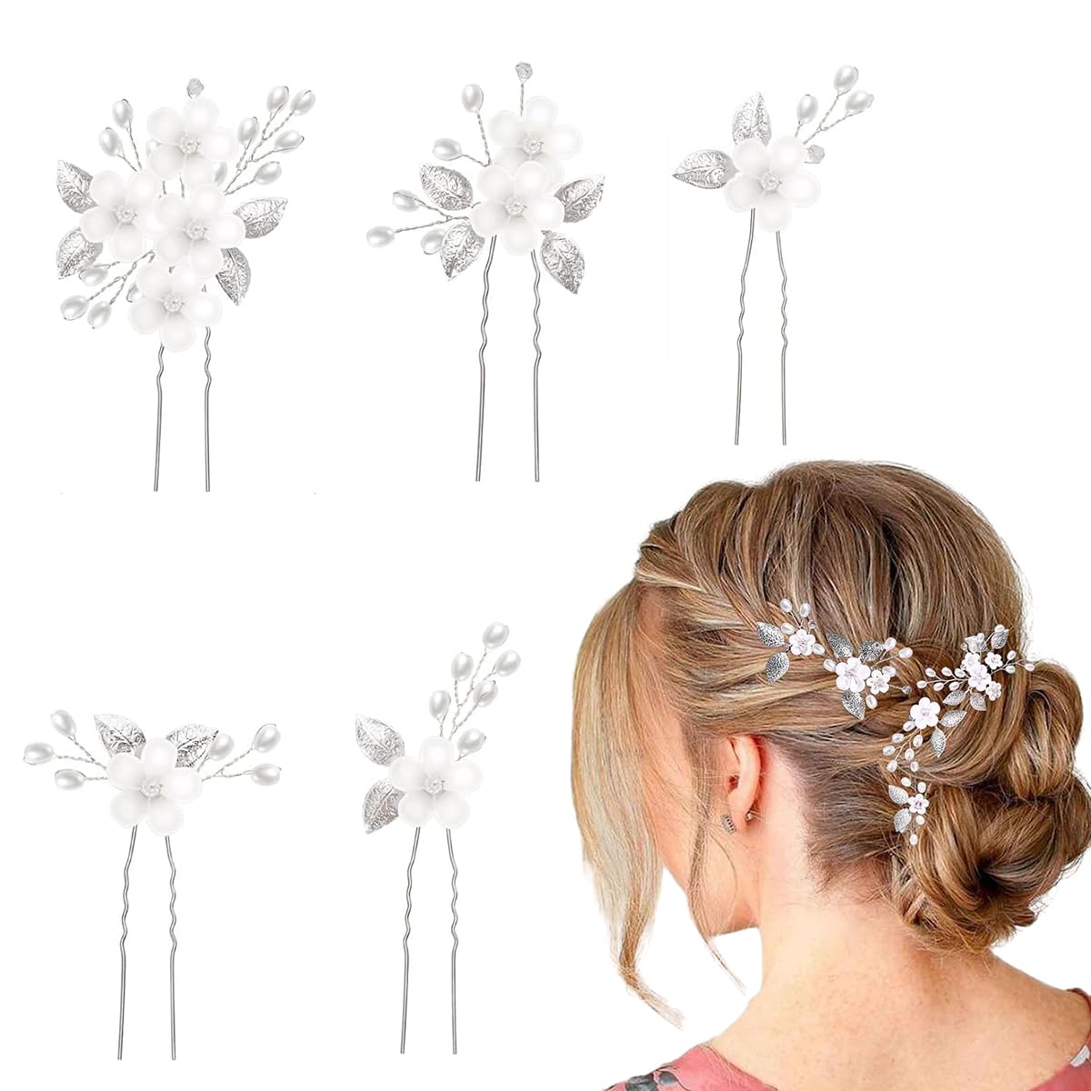 SANNIDHI 5pcs Wedding Hair Pins for Women Stylish Flower Bride Hair Accessories, Faux Pearl Bride Hair Bun Accessories for Women, Silver Leaf Bridal Hair Pins for Women Girls Bridesmaids