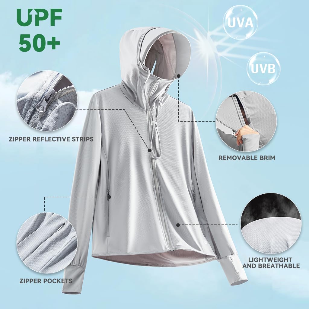 Venzina Sun Jacket for Men with UPF 50+ Protection featuring Detachable Brim and Zip Pockets | Cool Quick-Dry Light Grey Hoodie