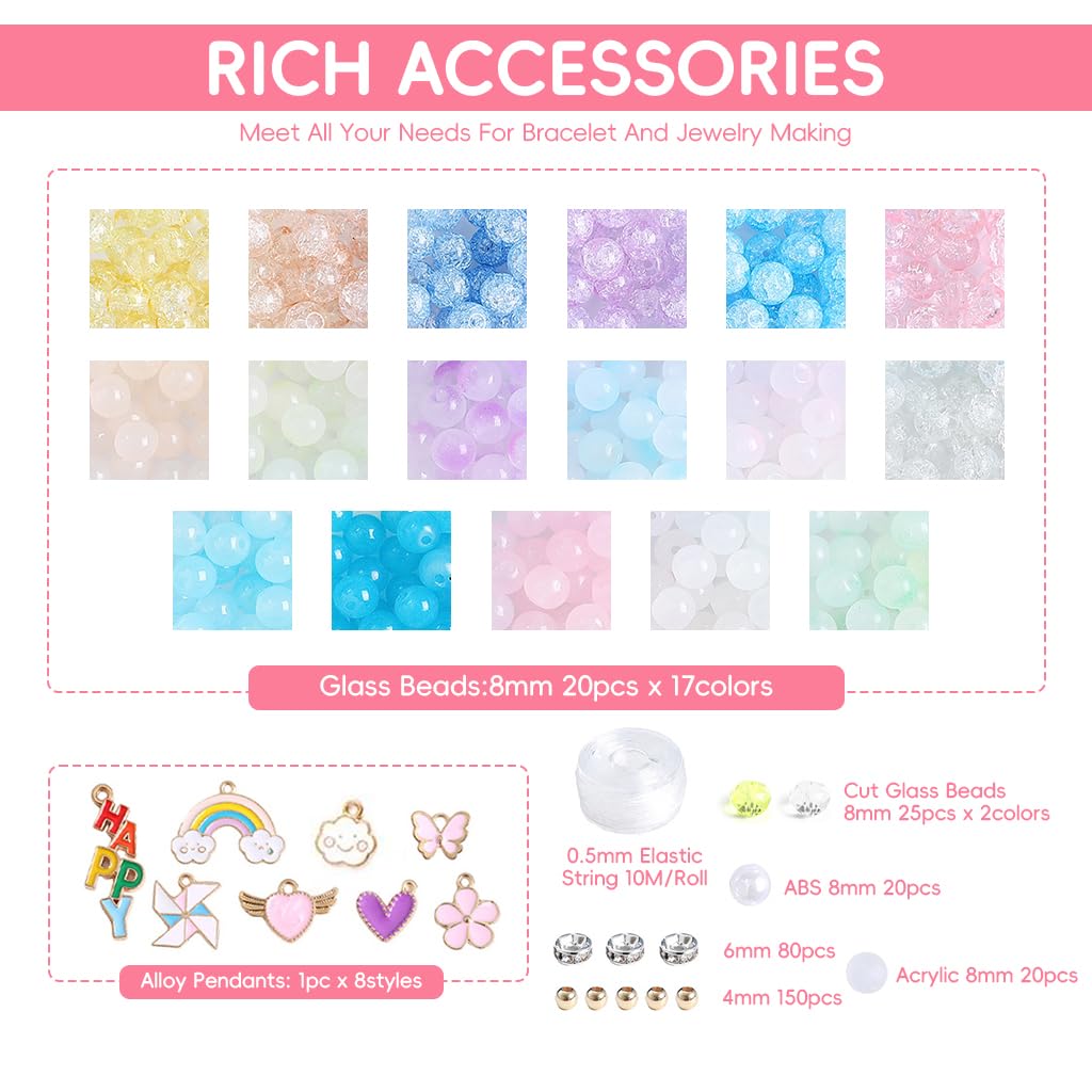 SANNIDHI Bracelet Beads for Making with 2010 pcs 8 mm Cracked Crystal Glass Kit | 24 Color DIY Set