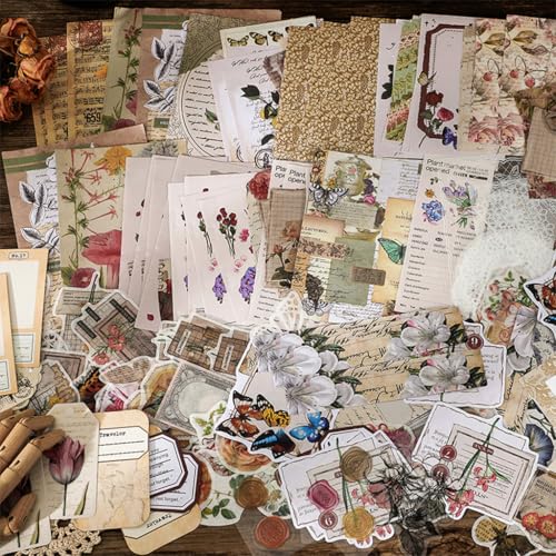 HASTHIP® 780PCS Sheets Vintage Journaling Supplies Scrapbook Paper Kit Aesthetic Floral Elements Washi Tape Stickers Material Papers PET for Junk Journals Planner Retro Craft