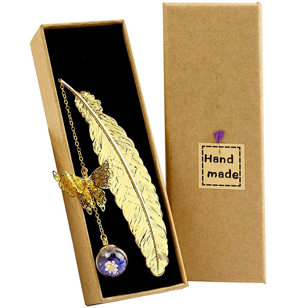 Supvox Metal Feather Bookmark with Glass Beads Pendant, Vintage Feather Butterfly Bookmark for Reading Enthusiasts and Gifting, Bookmark Gift for Teachers Women Student, Random Color Flowers (Purple)