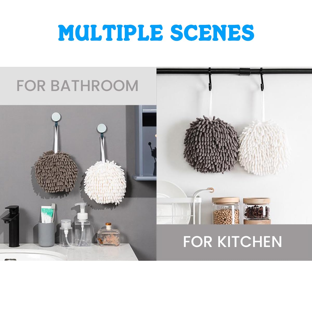 Supvox Hand Towel Set for Bathroom and Kitchen featuring Hanging Loop | 2 Pcs 10x7.9 in Chenille Microfiber