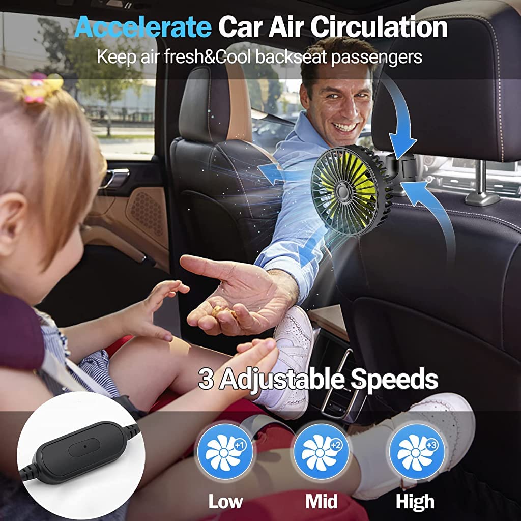 Verilux USB Fan for Car Back Seat with 3 Speed Settings and Rotatable Headrest Mount | Safe for Baby Passengers
