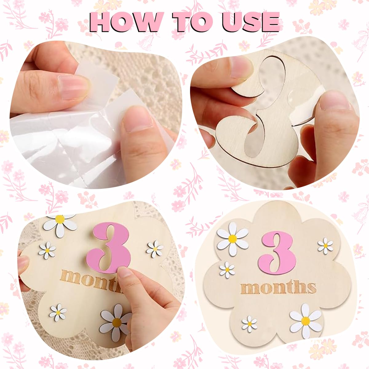 SNOWIE SOFT Floral Wooden Monthly Milestone Board for Newborn Photos with 0–9 Plates | Pink Photography Prop