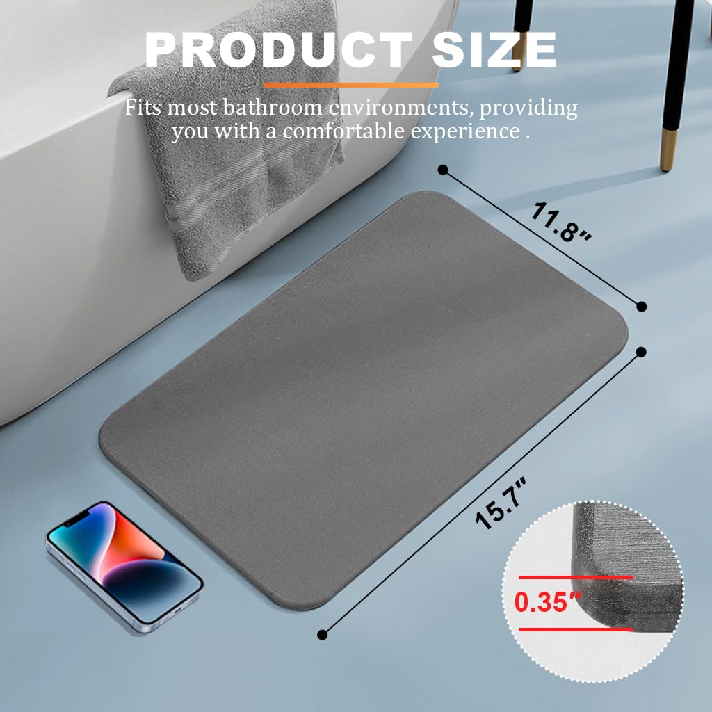 HASTHIP Bath Mat for Bathroom Safety with Clear Double Sided Anti Skid 15.75x11.8 in Grey | Quick Dry Diatomaceous Earth Surface
