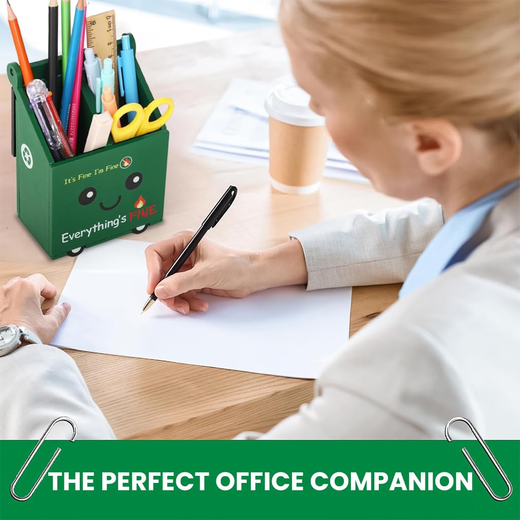 OFIFO Wooden Desk Pen Stand with Dual Compartments and Flip Lid for Office and Study | Cartoon Design Stationery Organizer for Home Decor