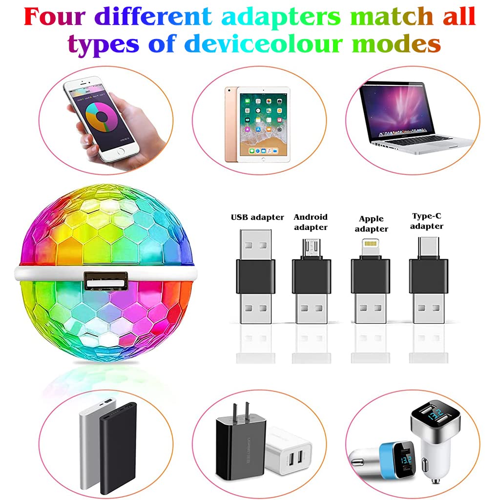 ELEPHANTBOAT USB Party Light for Car and Room with Sound Control and 6cm RGB Disco Ball | Plug and Play with 4 USB Adapters
