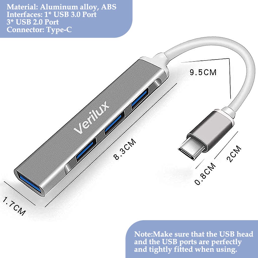 Verilux® USB Hub 3.0 for PC 4 in 1 with DC 5V2A and 4 USB High Speed 3.0 Multi USB Port for Laptop 5Gbs Transfer Speed USB Extender Multiple USB Connector for Dell, Samsung Galaxy, Surface Pro