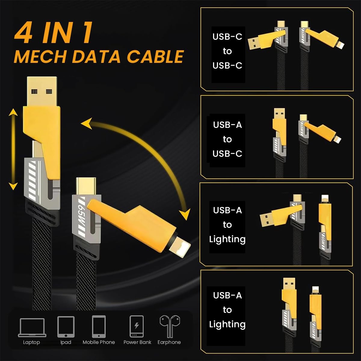 Verilux USB C Cable 4 in 1 3.3 ft PD 65W Fast Charging with Braided Nylon Design | Data Transfer