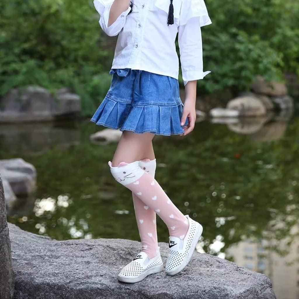 Zibuyu Girls Cotton Knee High Socks for Winter with Cute Kitty Design | 3 Pairs Pink Gift